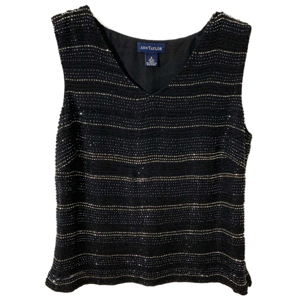 Ann Taylor Beaded Striped Fully Lined Sleeveless Formal Blouse Rounded V-neck